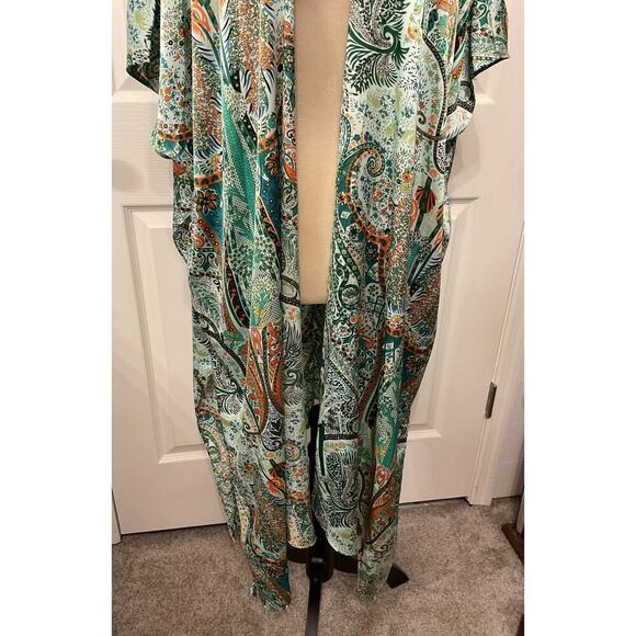 ACOA Green Bohemian Paisley Printed Longline Open Satin Kimono, S/M - Picture 3 of 7